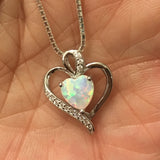 Sterling Silver White Lab Opal and Clear CZ Heart Necklace, Silver Necklace, Opal Necklace