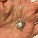 Sterling Silver White Lab Opal and Clear CZ Heart Necklace, Silver Necklace, Opal Necklace