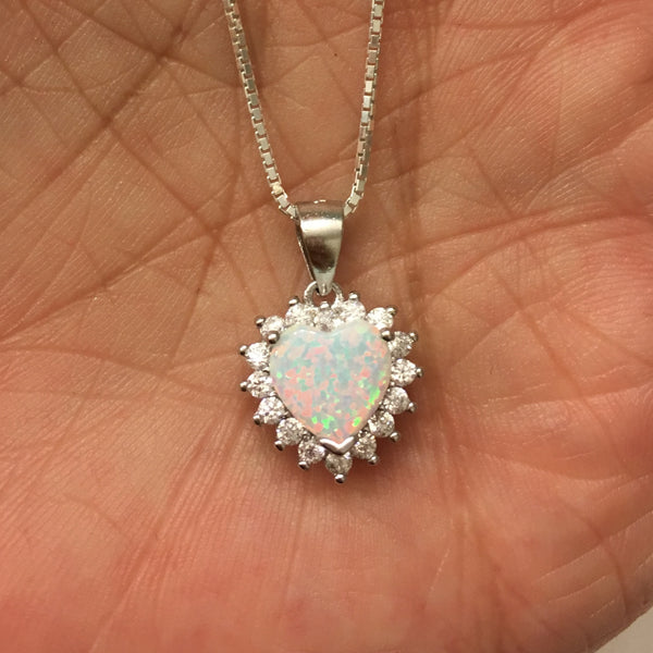Sterling Silver Cz and White Lab Opal Heart Necklace, Silver Necklace, Opal Necklace
