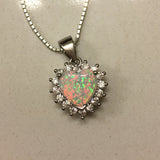 Sterling Silver Cz and White Lab Opal Heart Necklace, Silver Necklace, Opal Necklace