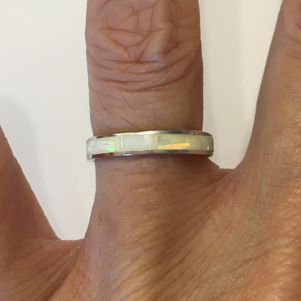Sterling Silver Eternity White Lab Opal Band, Silver Ring, Wedding Band, Stackable Ring
