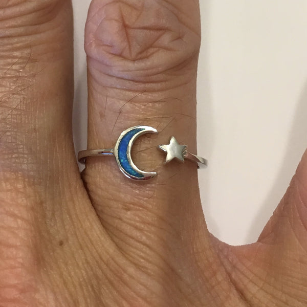 Sterling Silver Blue Lab Opal Moon and Star Ring, Silver Ring, Moon Ring, Boho Ring