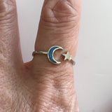 Sterling Silver Blue Lab Opal Moon and Star Ring, Silver Ring, Moon Ring, Boho Ring