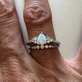Sterling Silver Teardrop White Lab Opal with CZ Ring, Silver Ring, Opal Ring