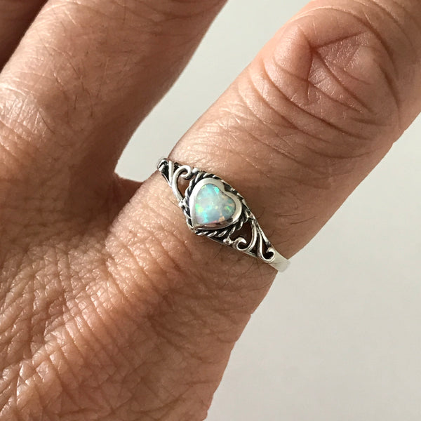 Sterling Silver White Lab Opal Heart Ring, Silver Ring, Opal Ring