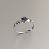 Sterling Silver Small Amethyst CZ Heart Claddagh Ring, Silver Ring, Baby Ring, Friendship Ring