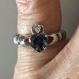 Sterling Silver Rainbow Topaz CZ Heart Claddagh Ring, Silver Ring, Boho Ring, Irish Ring