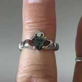 Sterling Silver Rainbow Topaz CZ Heart Claddagh Ring, Silver Ring, Boho Ring, Irish Ring