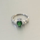 Sterling Silver Emerald CZ Heart Claddagh Ring, Silver Ring, May Birthstone Ring, Friendship Ring