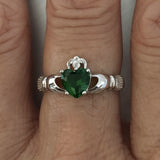 Sterling Silver Emerald CZ Heart Claddagh Ring, Silver Ring, May Birthstone Ring, Friendship Ring