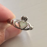Sterling Silver White Lab Opal Claddagh Ring, Silver Ring, Opal Ring, Crown Ring
