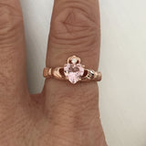 Rose Gold Plated Sterling Silver Claddagh Ring with Simulated Pink Morganite CZ, Claddagh Ring