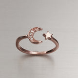 Rose Gold Plated Sterling Silver CZ Moon and Star Ring, Moon Ring, CZ Ring, Silver Rings