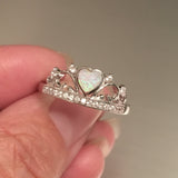 Sterling Silver White Lab Opal Crown Ring with CZ