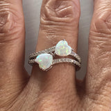 Sterling Silver White Lab Opal Double Heart Ring with CZ