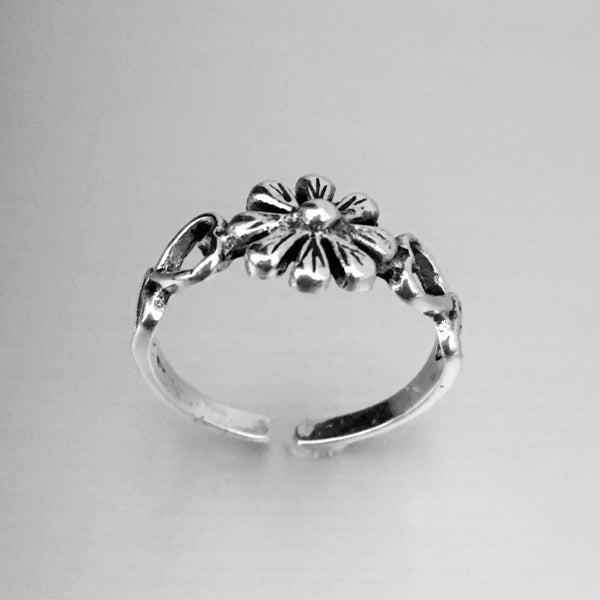 Sterling Silver Adjustable Flower and Hearts Toe Ring, Boho Ring Flower Ring, Heart Ring